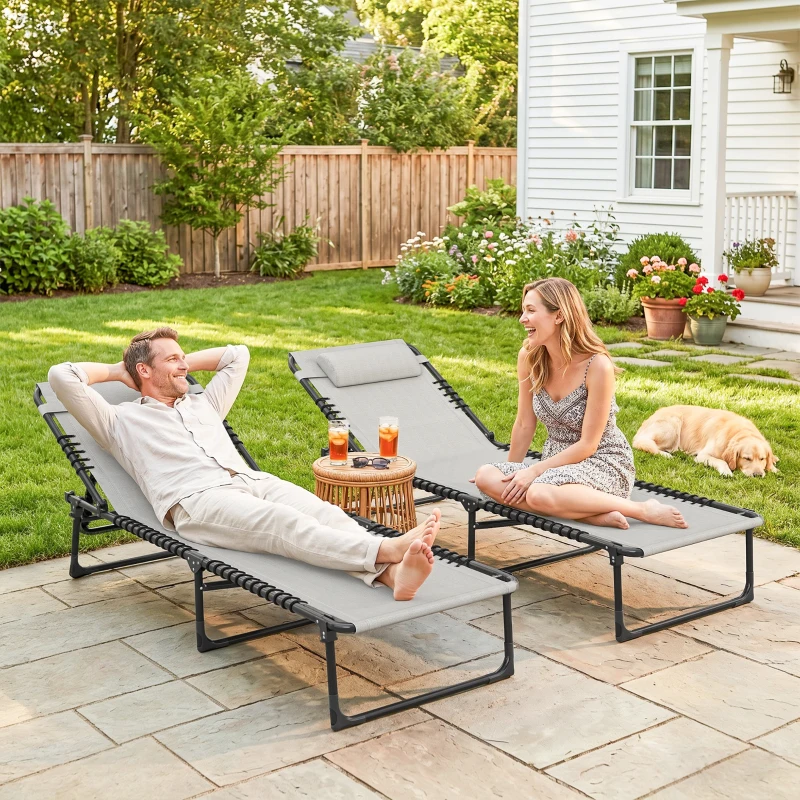 Outsunny 2 Folding Chaise Lounge Pool Chairs with 4-Position Reclining Back, Pillow, Breathable Mesh & Bungee Seat, Dark Blue