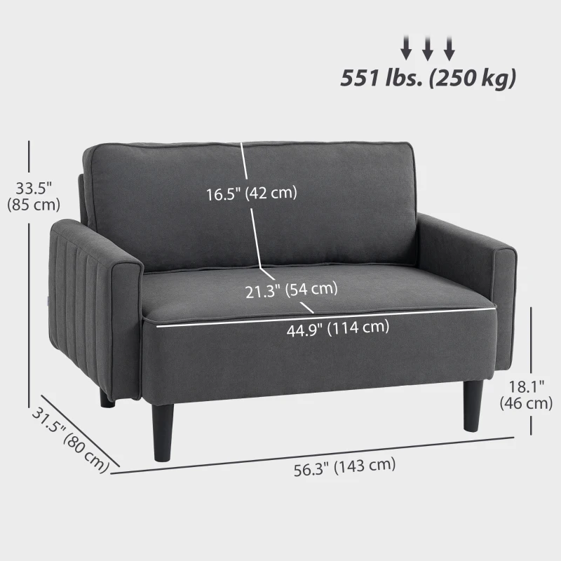 HOMCOM Loveseat Sofa, Linen 2 Seater Sofa Couch with Thick Padded Seat & Backrest for Living Room, Home Office, Dark Grey