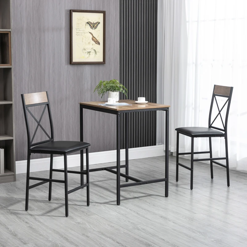 HOMCOM 3 Piece Bar Table and Chairs Set, Dining Table Set with PU Padded Stools and Steel Frame for Kitchen, Small Spaces, Brown
