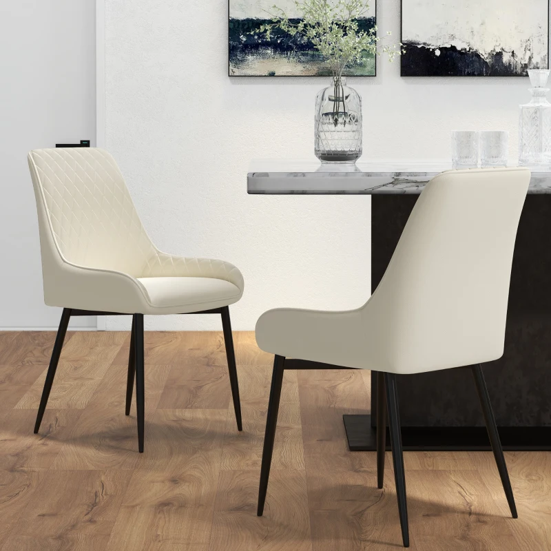 HOMCOM Upholstered Kitchen Chairs, Modern Dining Chairs Set of 2 with Diamond Tufting and Steel Legs for Dining Room, Cream White