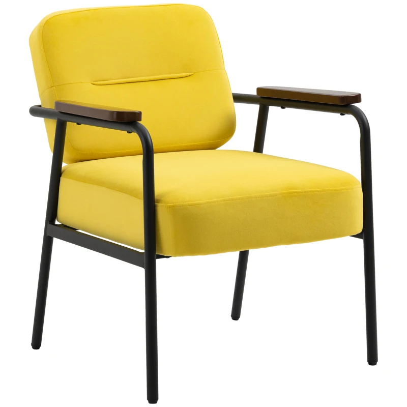 HOMCOM Modern Accent Chair with Cushioned Seat and Back, Upholstered Velvet Armchair for Bedroom, Living Room Chair with Arms and Steel Legs, Yellow