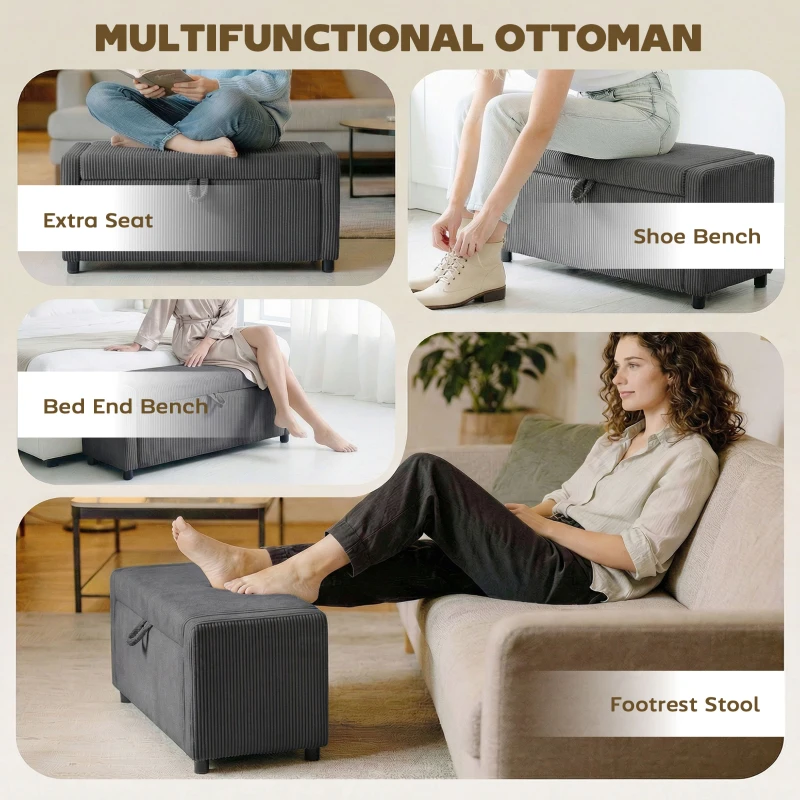 HOMCOM Storage Ottoman, Upholstered Corduroy End of Bed Bench with Thick Padding, Storage Bench for Bedroom, Dark Grey