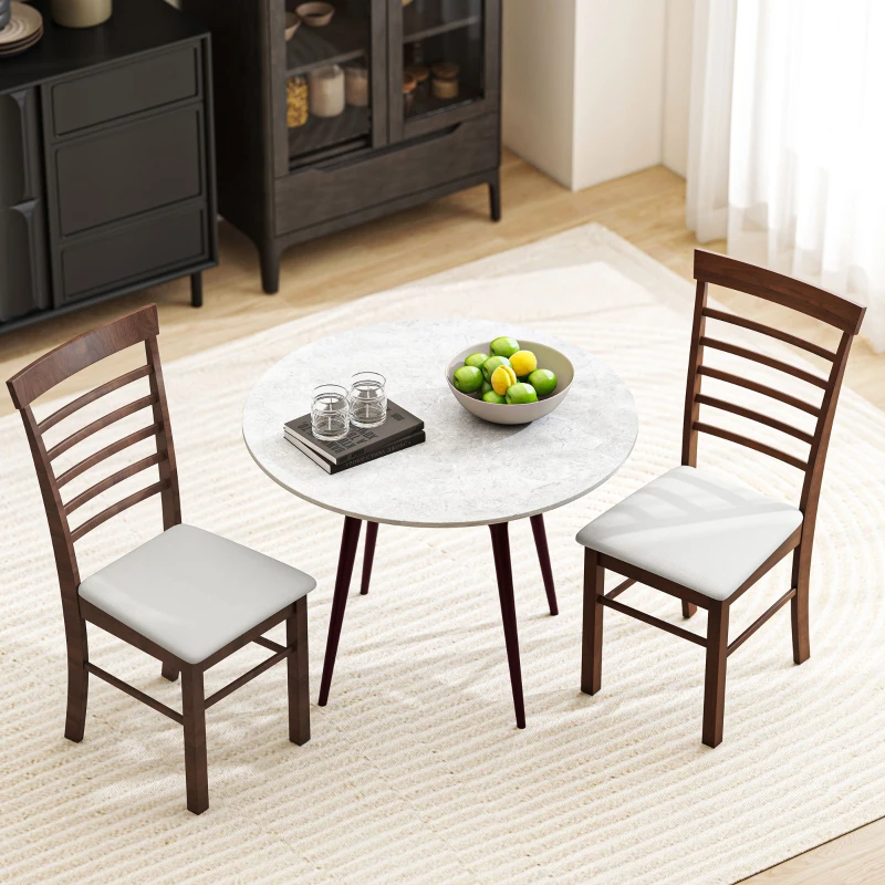HOMCOM Wooden Dining Chairs Set of 2, Farmhouse Upholstered Kitchen Chairs with Rubber Wood Frame, Dark Brown and Beige