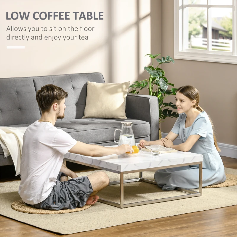 HOMCOM Square Coffee Table with Faux Marble Tabletop, Low Table for Sitting on The Floor, Stainless Steel Frame for Living Room, White