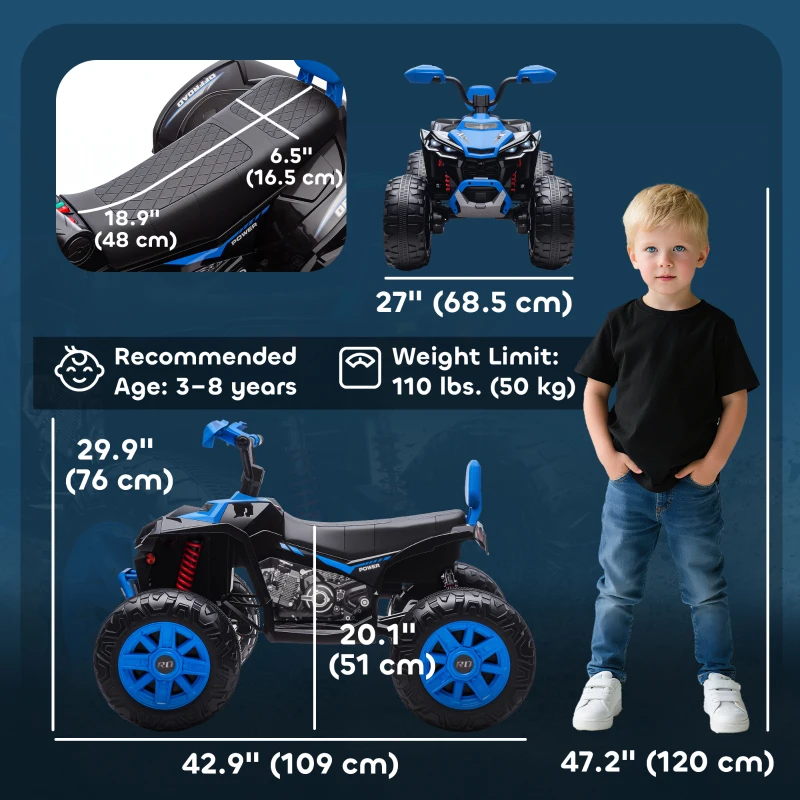 Qaba 2-Seater All-Terrain 4 Wheeler, 24V Kids ATV Ride-On, Electric Quad Car with Dual Motor, for Boys and Girls, Blue