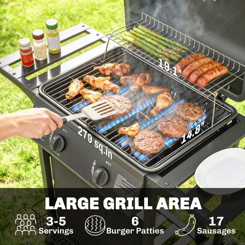 Outsunny 2 Burner Propane Gas Grill, 18000 BTU BBQ Grill with Wheels, Warming Rack, Shelf, Thermometer, Grease Cup, Black