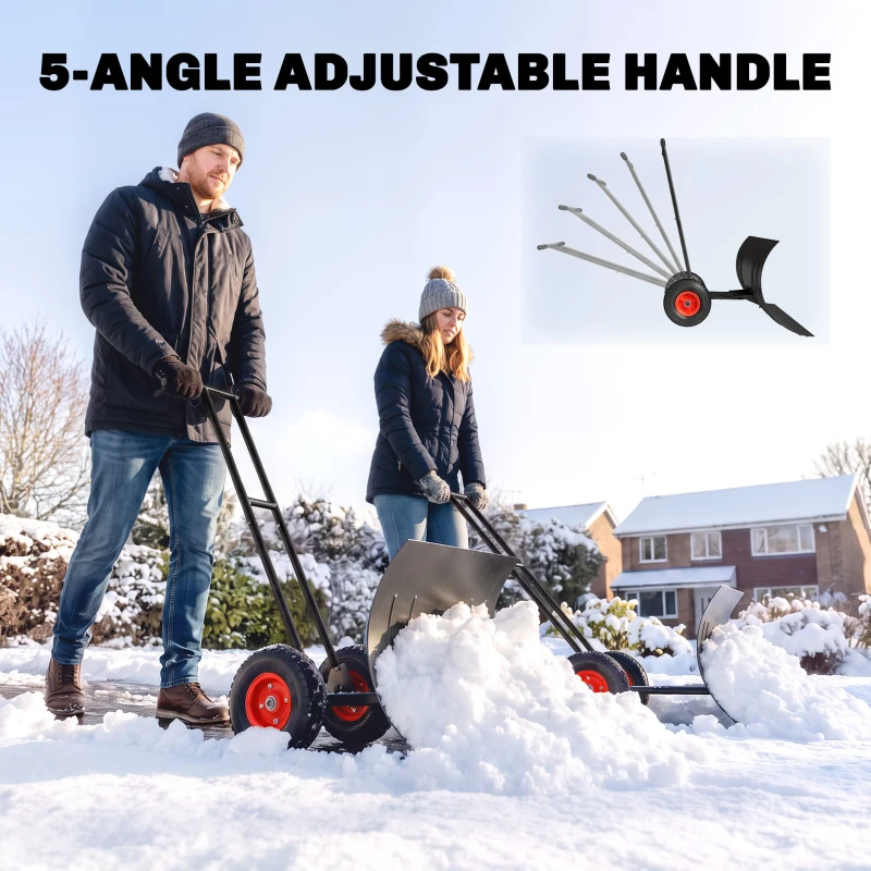 Outsunny Snow Shovel with Wheels, 29" Metal Snow Pusher with Adjustable Handle, 7-Angle Blade, Wear Strip for Driveway, Black