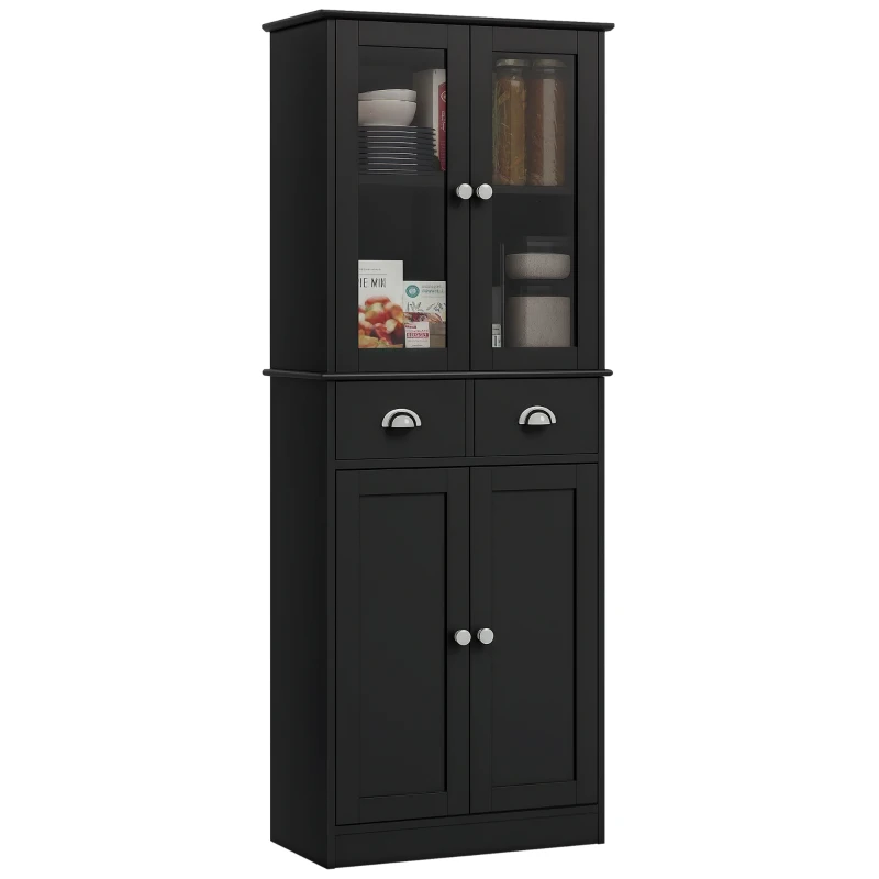 HOMCOM 61" Kitchen Pantry Cabinet, Freestanding Farmhouse Buffet Storage Cabinet with Soft Close Glass Doors and Adjustable Shelves, Black