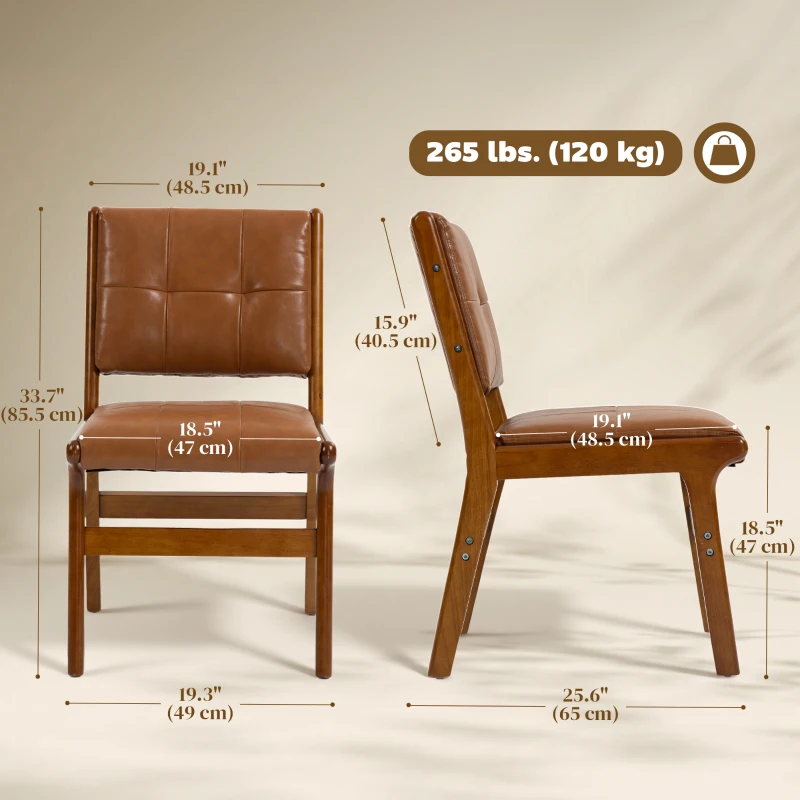 HOMCOM Set of 2 Kitchen Chairs, Button Tufted PU Leather Upholstered Dining Chairs with Rubberwood Legs for Dining Room, Brown