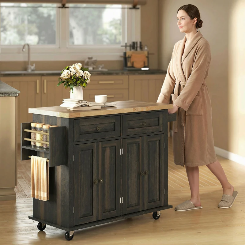 HOMCOM 44" Mobile Kitchen Island Table, Kitchen Island Cart on Wheels with Storage Cabinets, 2 Drawers, Brown
