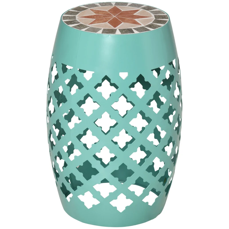 Outsunny Decorative Outdoor Stool, 12" Round Patio Side Table, Mosaic Accent Plant Stand for Garden, Balcony, Blue