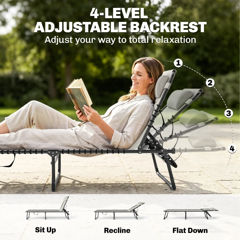 Outsunny 2 Folding Chaise Lounge Pool Chairs with 4-Position Reclining Back, Pillow, Breathable Mesh & Bungee Seat, Dark Blue