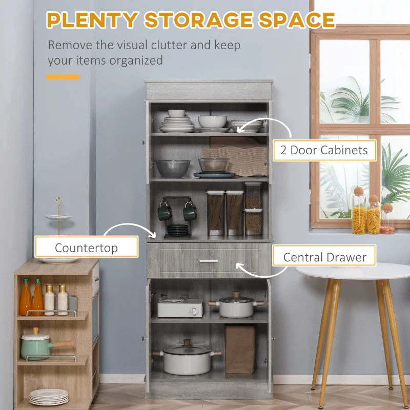 HOMCOM Freestanding Pantry Cabinet, 72" Kitchen Buffet with Utility Drawer, 2 Door Cabinets, Gray Wood Grain