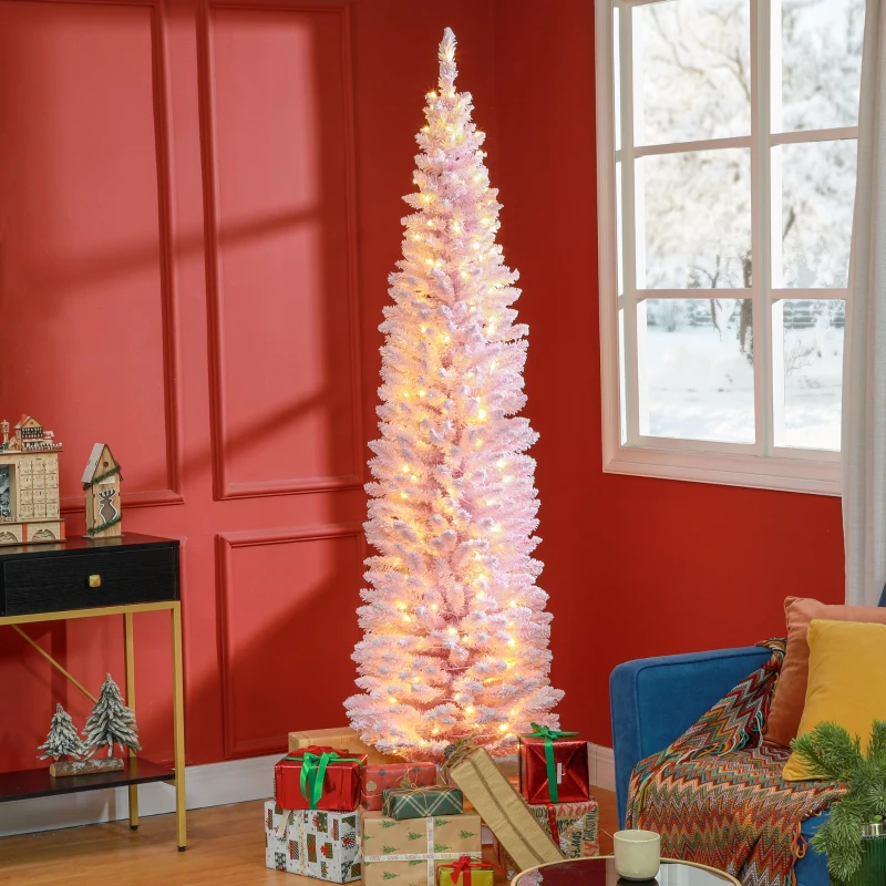 HOMCOM 7ft Pencil Christmas Tree, Slim Artificial Christmas Tree with Snow Flocked Branches and Warm White LED Lights, Pink
