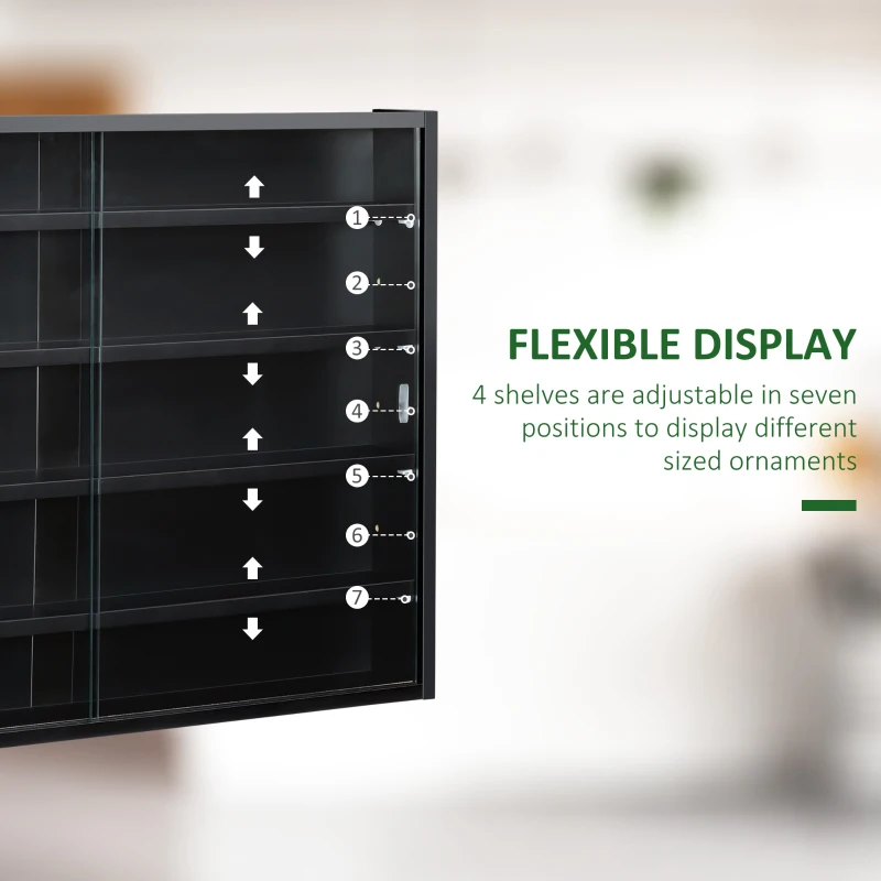 HOMCOM 5-Tier Display Cabinet, Shot Glass Display Case, Glass Curio Cabinet with 2 Glass Doors and 4 Adjustable Shelves, Black