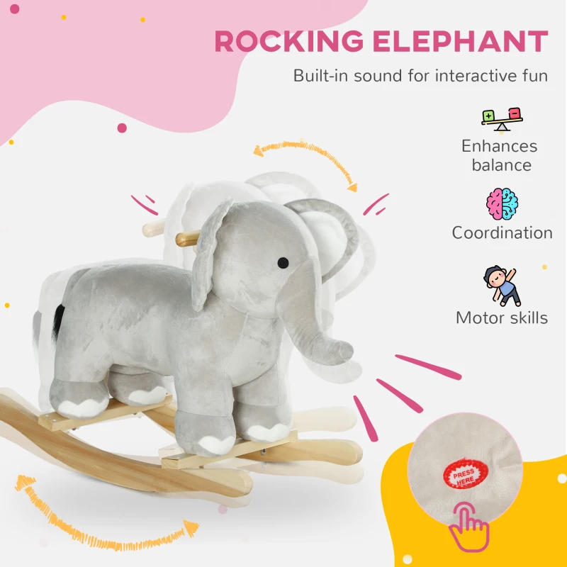 Qaba Kids Rocking Animal, Elephant Rocker with Realistic Sounds, Plush Ride on Toy for Years 2-4, Gray