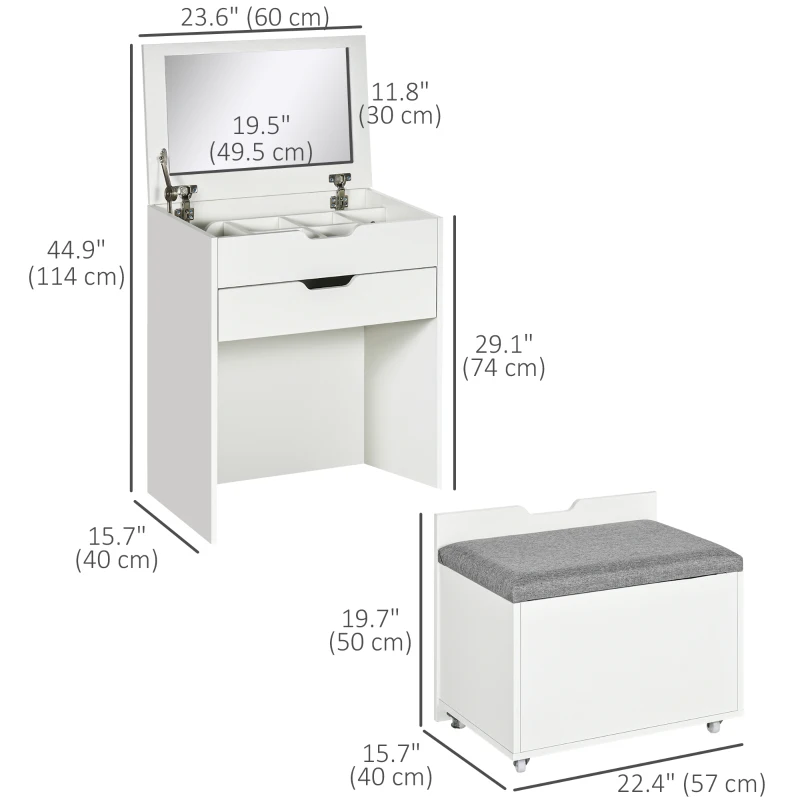 HOMCOM Vanity Set with Flip Top Mirror, Makeup Vanity Desk with Stool, Dressing Table with Drawer and 7 Compartments, White