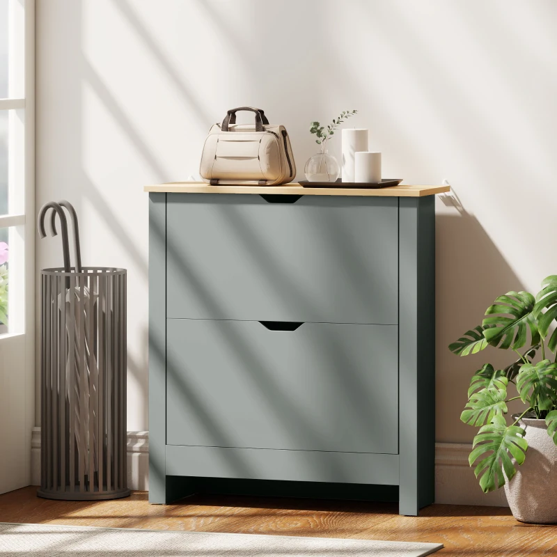 HOMCOM Shoe Storage Cabinet with 2 Flip Drawers and Adjustable Shelves for 8–12 Pairs of Shoes, Light Grey
