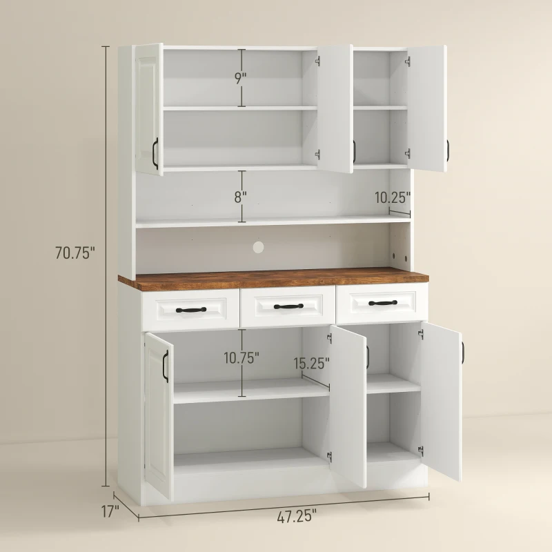HOMCOM 71" Kitchen Pantry Cabinet, Freestanding Farmhouse Storage Cabinet with Wide 2-Tier Microwave Stand Countertop, 3 Drawers, 6 Soft Closing Doors, and Adjustable Shelves, Cable Management, White