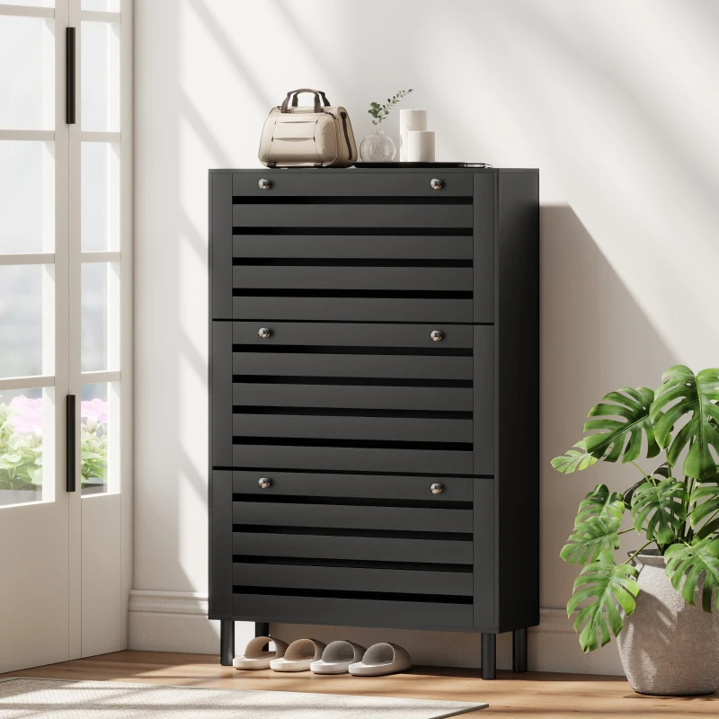 HOMCOM Narrow Shoe Storage Cabinet, 3 Flip Drawers, Adjustable Shelves, 18-24 Pairs Capacity, Black