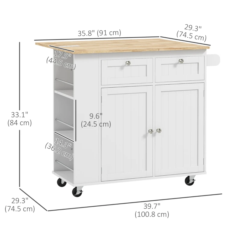HOMCOM Kitchen Island with Power Outlet and Drop Leaf, Rolling Kitchen Cart with 2 Drawers and Adjustable Shelves, White