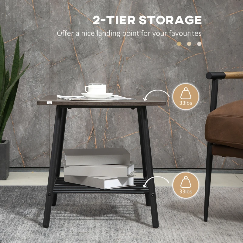 HOMCOM Square Side Table with Storage, 2-Tier End Table with Slat Shelf and Metal Frame for Living Room, Gray