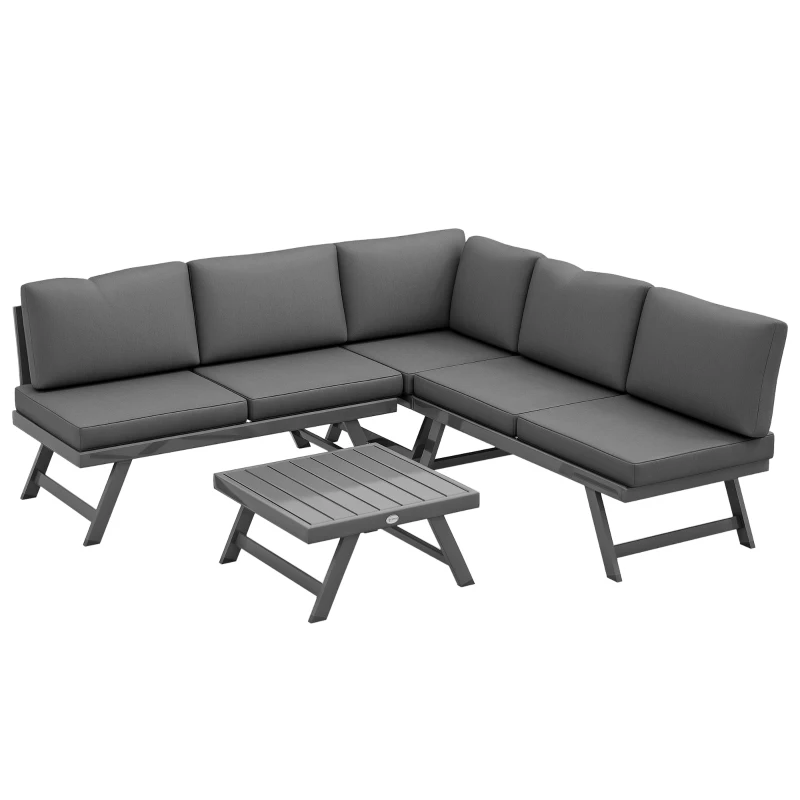Outsunny Outdoor Corner Garden Set, Convertible 4-Piece Furniture with 2 Sofas, 1 Corner Chair, and 1 Coffee Table, Grey