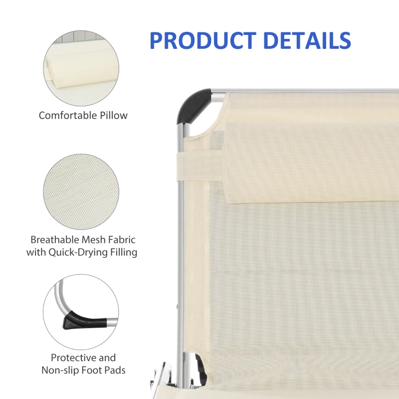 Outsunny Folding Lounge Chair Outdoor 5-Level Reclining Chaise Lounge Chair Outdoor Camping Tanning Chair with Aluminum Frame, Padding, and Headrest for Beach, Yard, Patio, Pool, White