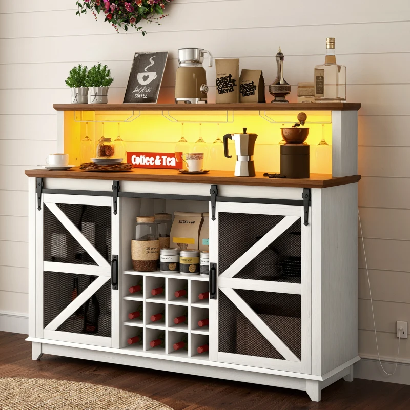HOMCOM 55" Coffee Bar Cabinet with Lights, Farmhouse Wine Cabinet with Wine and Glass Racks for Kitchen, Dining Room, White