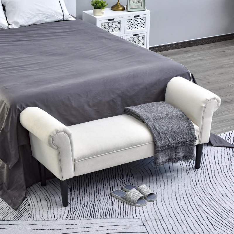 HOMCOM 52" End of Bed Bench, Linen Upholstered Ottoman Bench, Bedroom Entryway Bench With Armrests, Cream White
