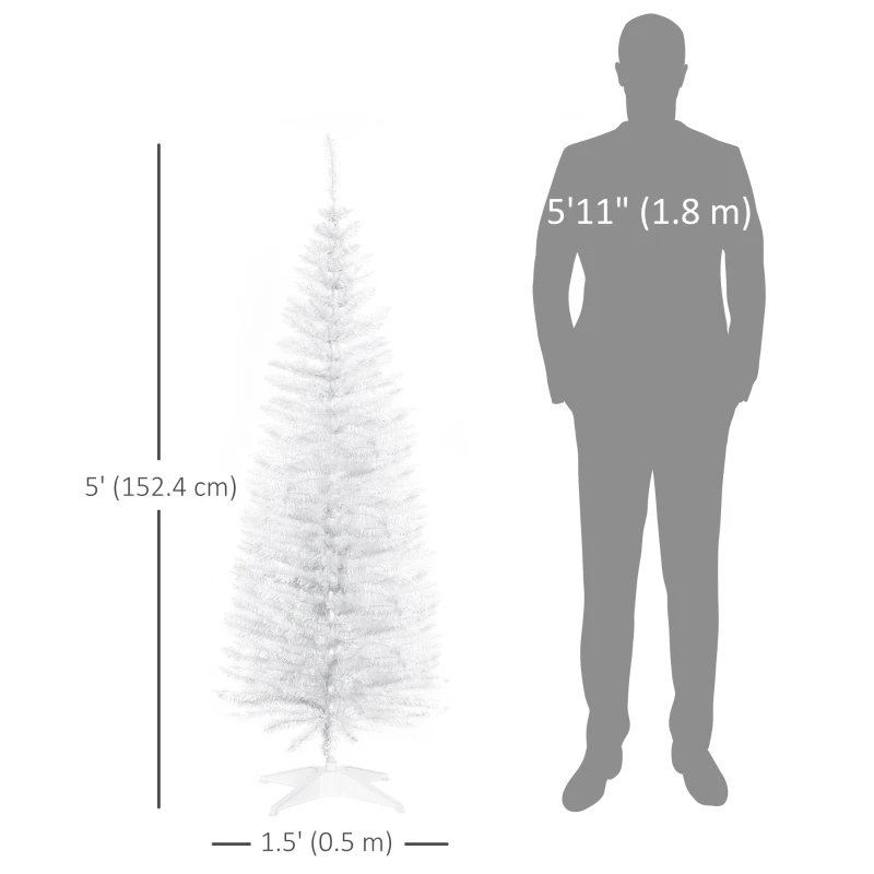 HOMCOM 5FT Artificial Christmas Tree, Pencil Christmas Tree with Realistic Branches, Stable Stand, White