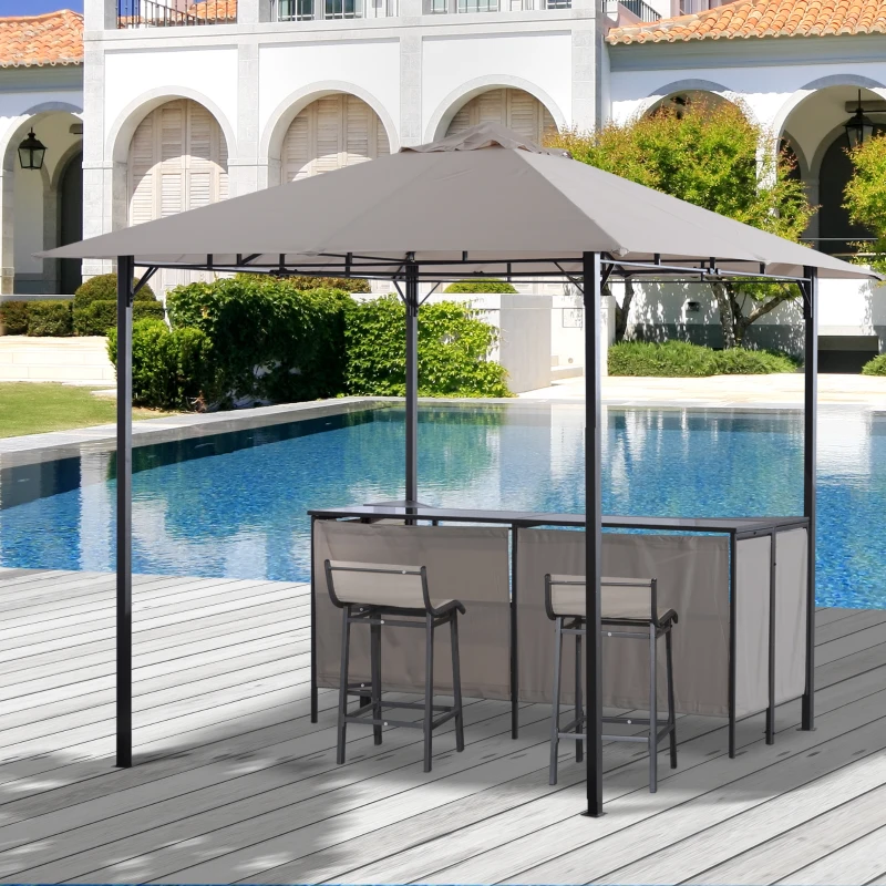Outsunny 8' x 8' 3-Piece Patio Bar Set with Gazebo Canopy 2 Bar Stools and Bar Table with Storage Shelf for Poolside, Backyard, Garden