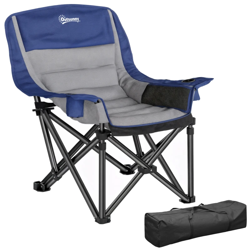 Outsunny Camping Chair for Adults, Portable Folding Camping Chair with Side Pockets, Cup Holders, Carry Bag, Blue and Gray