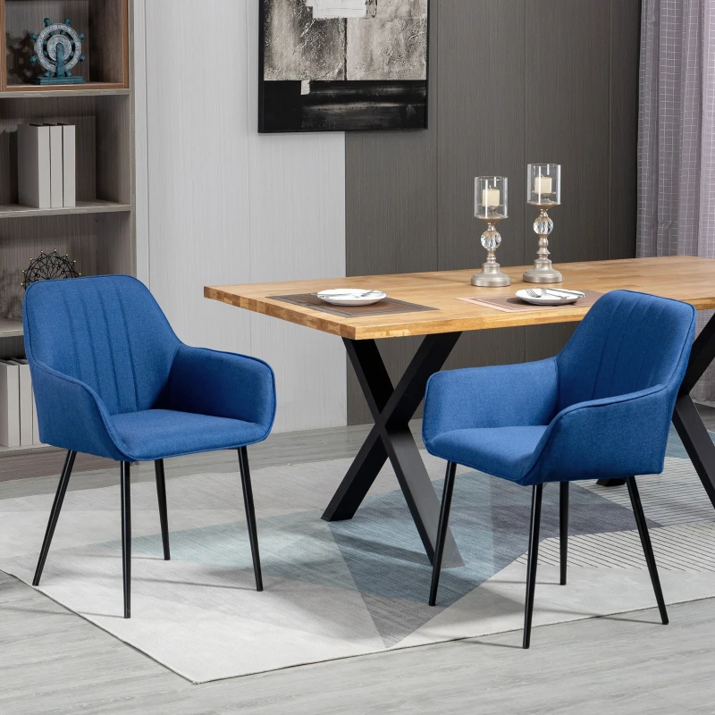 HOMCOM Dining Chairs Set of 2, Upholstered Linen Fabric Accent Chairs with Metal Legs, Dark Blue