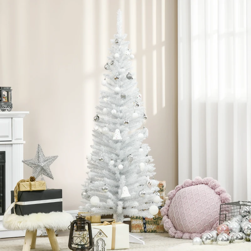 HOMCOM 5' Artificial Pencil Christmas Tree, Slim Xmas Tree with 294 Realistic Branch Tips and Plastic Stand, White