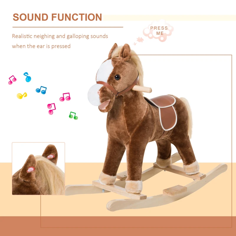 Qaba Kids Ride on Rocking Horse Toddler Plush Toy with Realistic Sounds for 3-6 Years Old Children - Brown