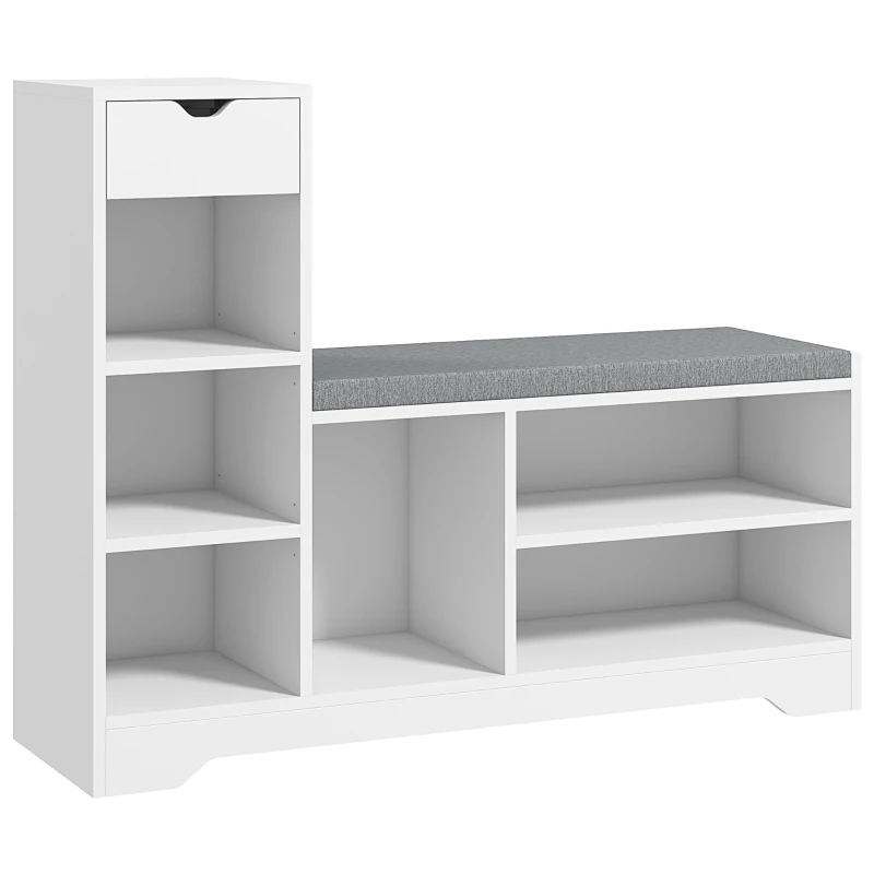HOMCOM Upholstered Shoe Storage Bench w/ Seat, Entrance Bench w/ Drawer and 6 Open Shelves for Hallway, White