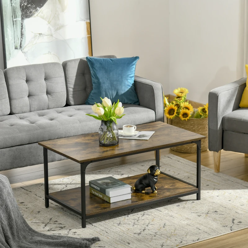 HOMCOM Living Room Furniture Set, Industrial Living Room Tables and TV Stand for 55" TVs, 2-tier Coffee Table and C-shaped Side Table with Storage Shelves, Rustic Brown
