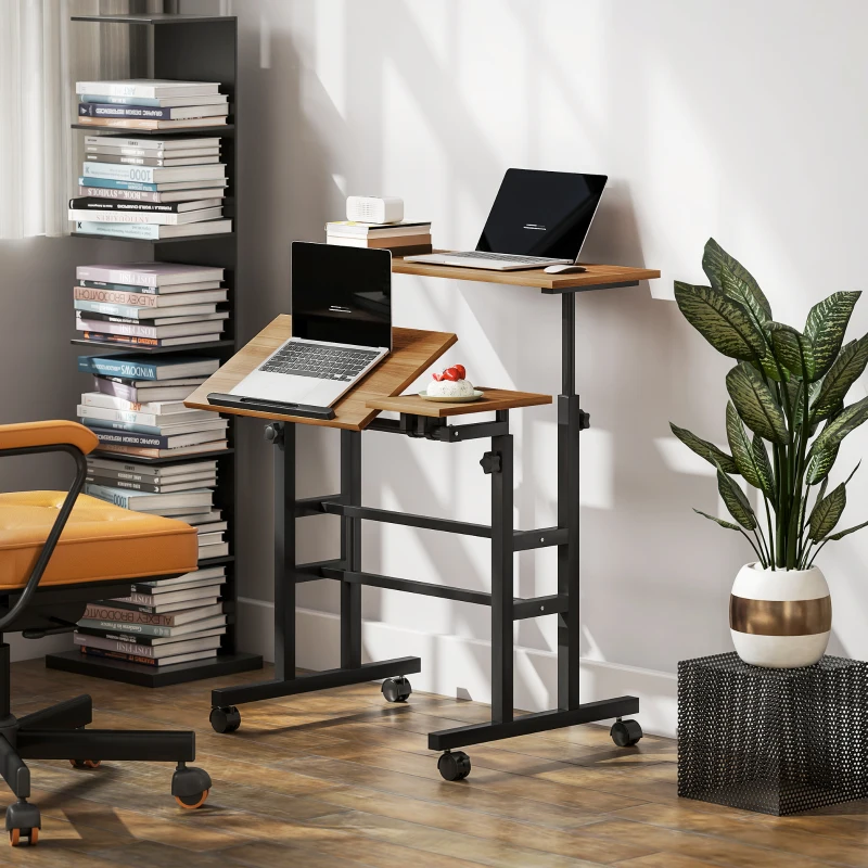 HOMCOM Mobile Stand Up Desk, Height & Angle Adjustable Computer Desk with Wheels for Standing or Sitting, Laptop Desk, Brown