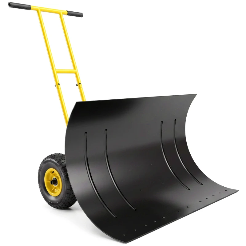 Outsunny Snow Shovel with Wheels, 29" Metal Snow Pusher with Adjustable Handle, 7-Angle Blade, Wear Strip for Driveway, Yellow