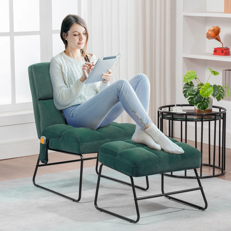 HOMCOM Accent Chair with Ottoman, Velvet Club Chair with Vibration Massage, Remote Control and Metal Legs for Living Room, Bedroom, and Home Office, Green
