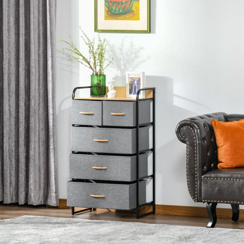 HOMCOM 5-Drawer Chest Dresser for Bedroom, 4-Tier Storage Organizer with Steel Frame, Light Gray