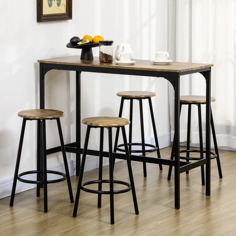 HOMCOM 5-Piece Bar Table Set for 4, Industrial Counter Height Bar Table and Chairs for Kitchen, Dining Room, Rustic Brown
