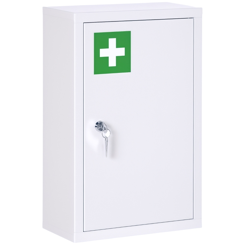 kleankin Lockable Medicine Cabinet, 3 Tier Steel Medical Wall Box with 2 Keys and Shelves for Bathroom, White