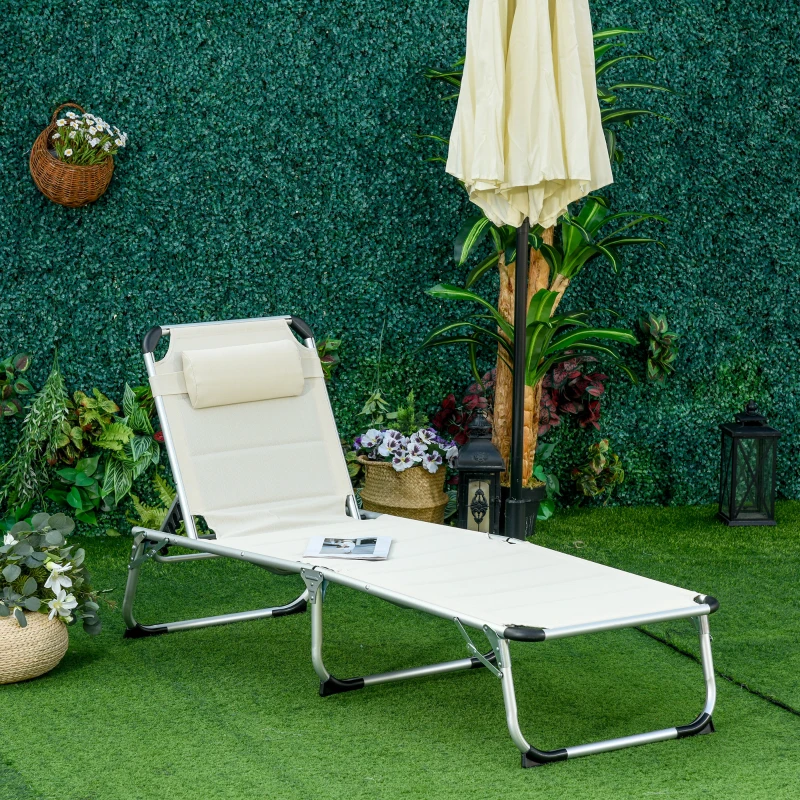 Outsunny Folding Lounge Chair Outdoor 5-Level Reclining Chaise Lounge Chair Outdoor Camping Tanning Chair with Aluminum Frame, Padding, and Headrest for Beach, Yard, Patio, Pool, White