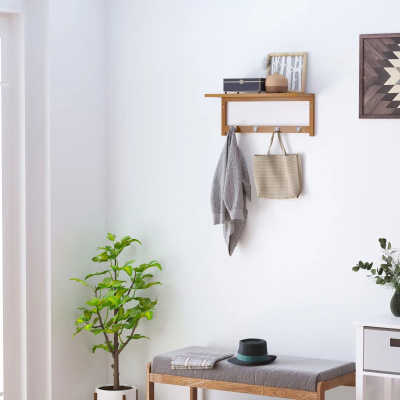 HOMCOM 20" Wall-mounted Entryway Coat Rack Bamboo Wall Shelf Organizer with 4 hooks