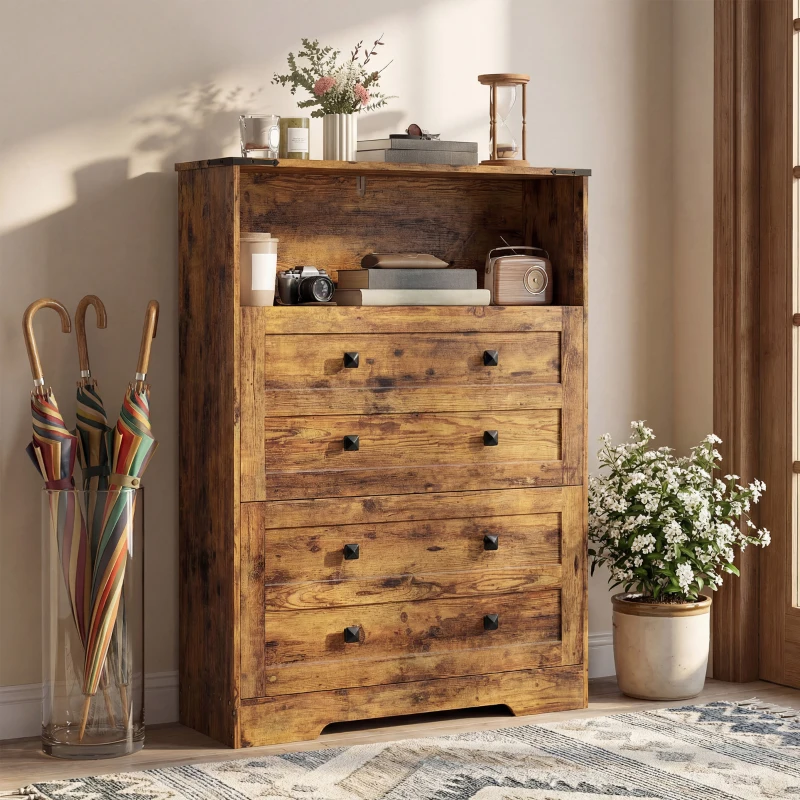 HOMCOM Shoe Cabinet with 2 Flip Drawers, Narrow Shoe Storage Cabinet, Rustic Brown