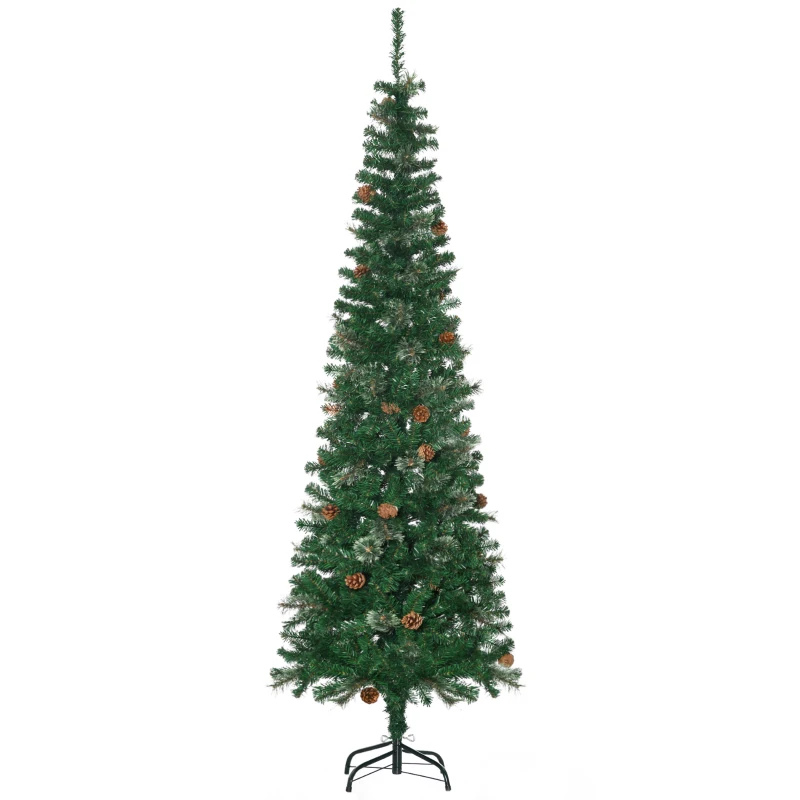 HOMCOM 6.5 Foot Pencil Artificial Christmas Tree, Slim Pine Needles Xmas Tree with Realistic Branches, Pine Cones, Metal Base, Green
