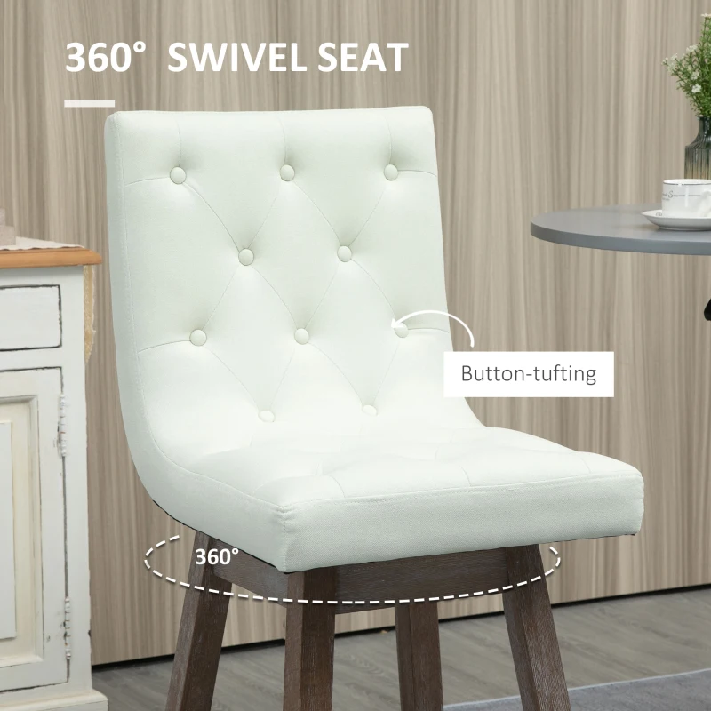 HOMCOM Counter Height Bar Stools, Swivel Bar Chairs, 25.5" High Fabric Tufted Breakfast Barstools for Kitchen, Set of 2, Cream White