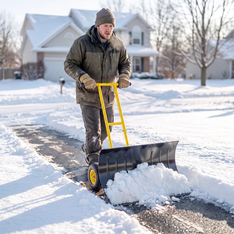 Outsunny Snow Shovel with Wheels, 29" Metal Snow Pusher with Adjustable Handle, 7-Angle Blade, Wear Strip for Driveway, Yellow